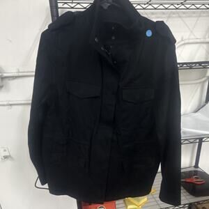 Men's Black Regular Military Jacket Button Closure Epaulette Mid-Length Size L